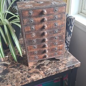 Vintage Hindu Wooden Drawer Apothecary Organizer with Floral Accents